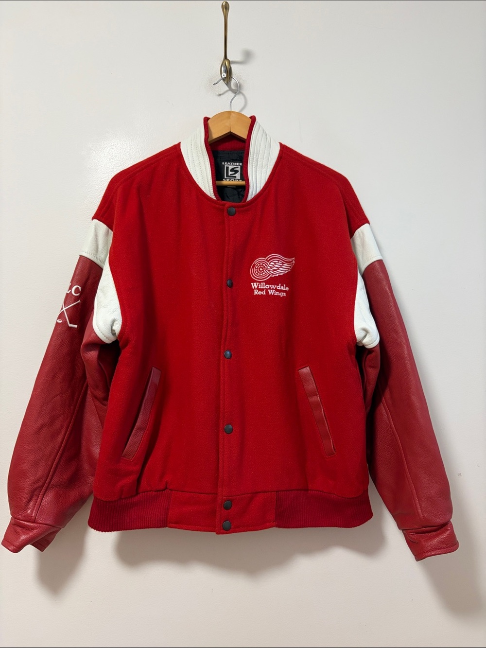 Vintage Varsity Jacket Mens Medium Red White Leather Wool Red Wings Collegiate